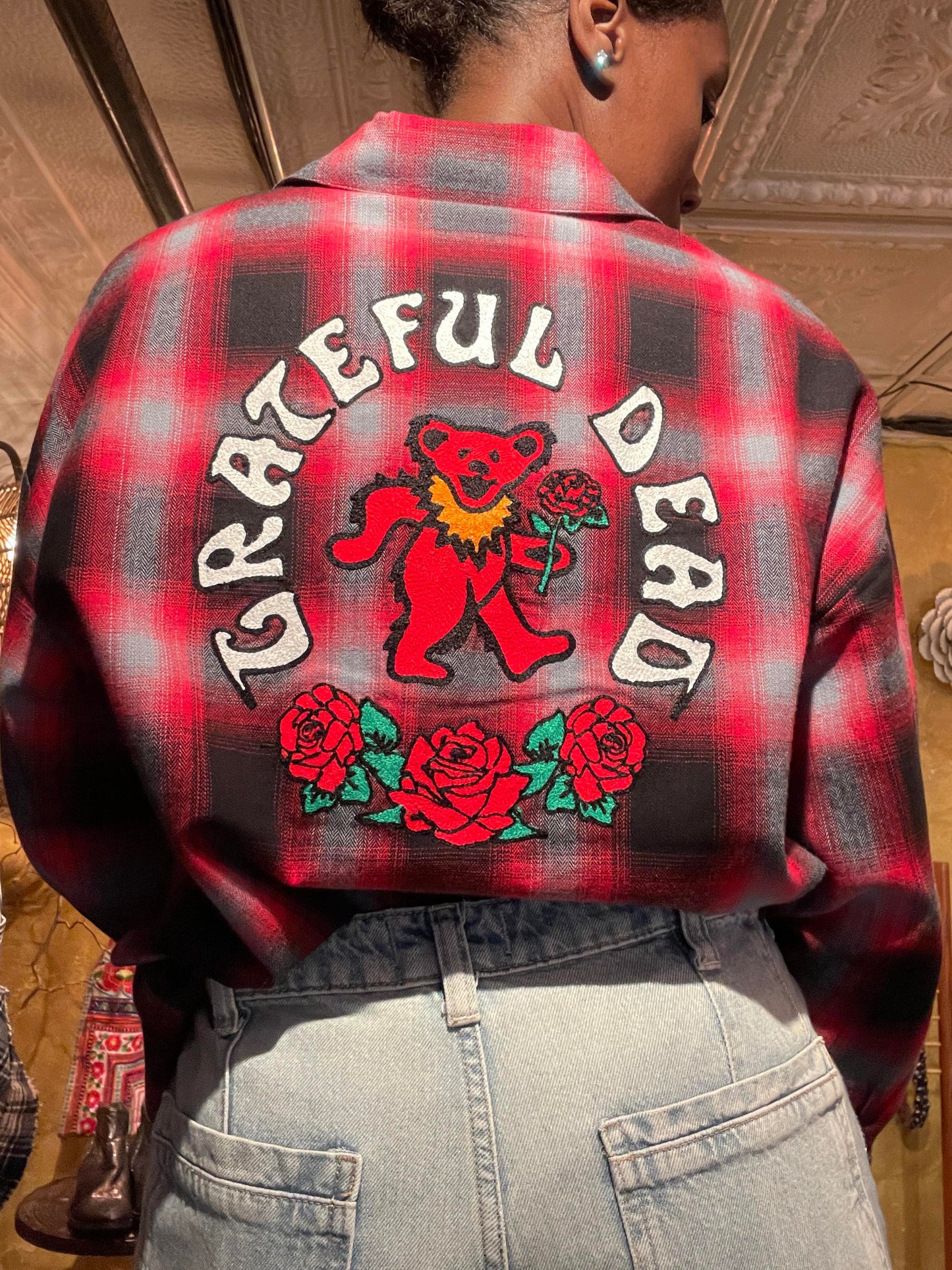 Grateful Dead Dancing Bear Button Down Flannel - Red and Black