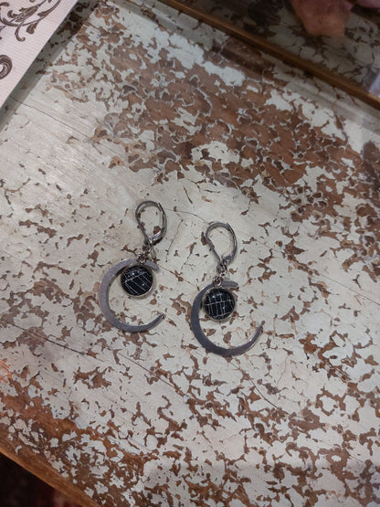 Real Spiderweb Silver Tone Moon Earrings - A