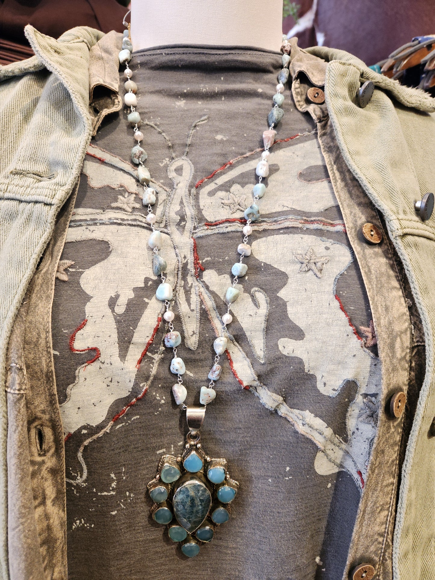 Kyanite and Chalcedony Pendant with Larimar Beaded Chain