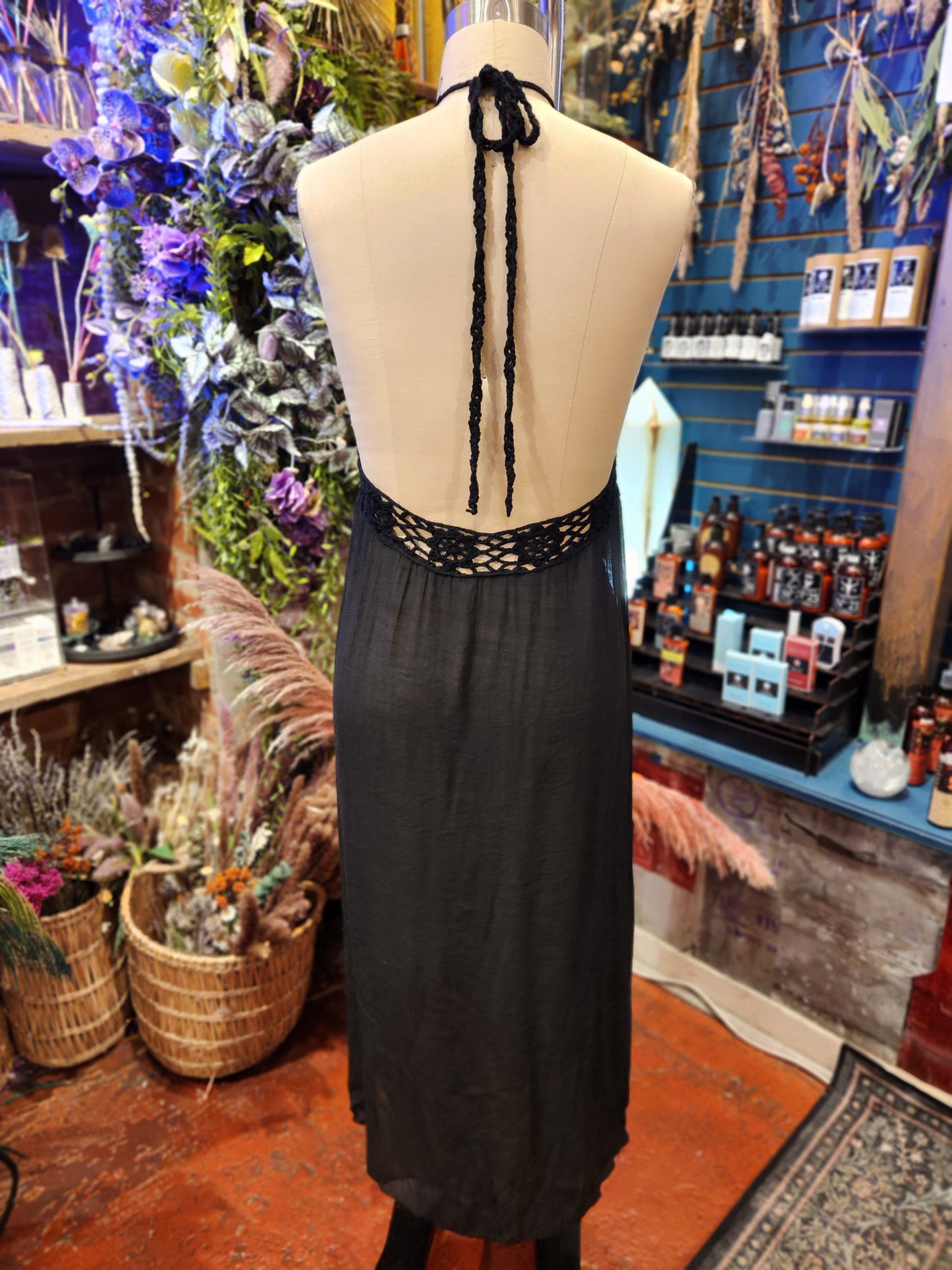 Crochet Backless Beach Dress - Black