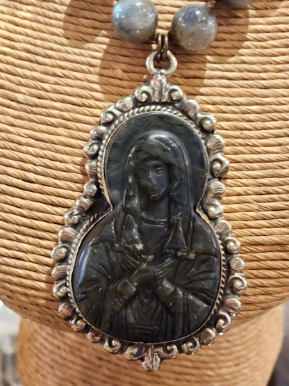Mother Mary Carved Labradorite Pendant with Labradorite Beaded Necklace