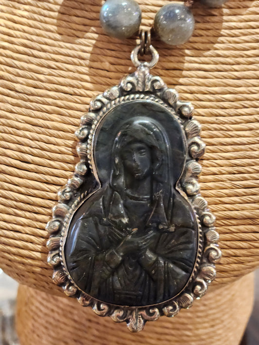 Mother Mary Carved Labradorite Pendant with Labradorite Beaded Necklace
