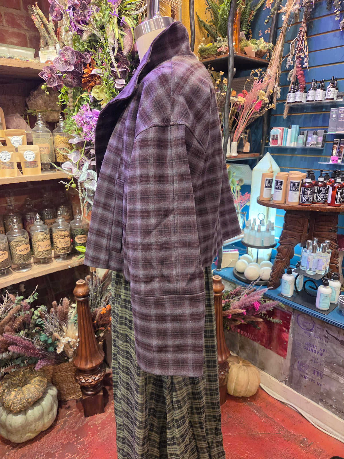 Brown/Blue Funnel Neck Short Coat