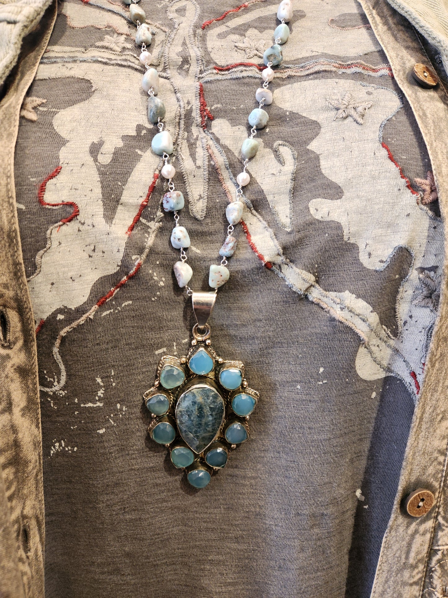 Kyanite and Chalcedony Pendant with Larimar Beaded Chain