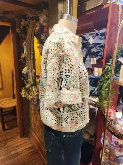 Printed Lace Top with Drawstring Hem