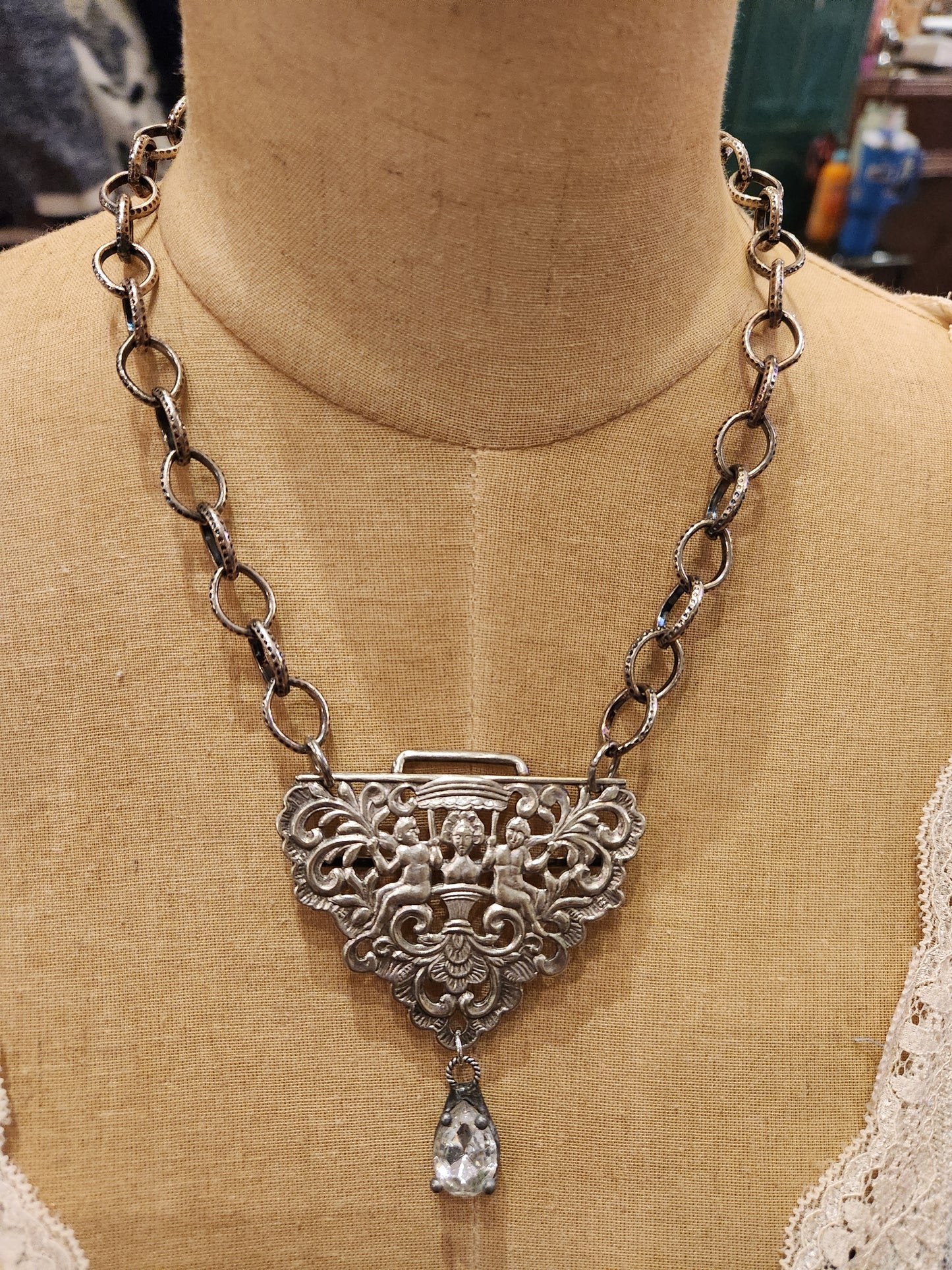 OOAK Vintage Sterling Plated Chain with Vintage Victorian Sash Belt