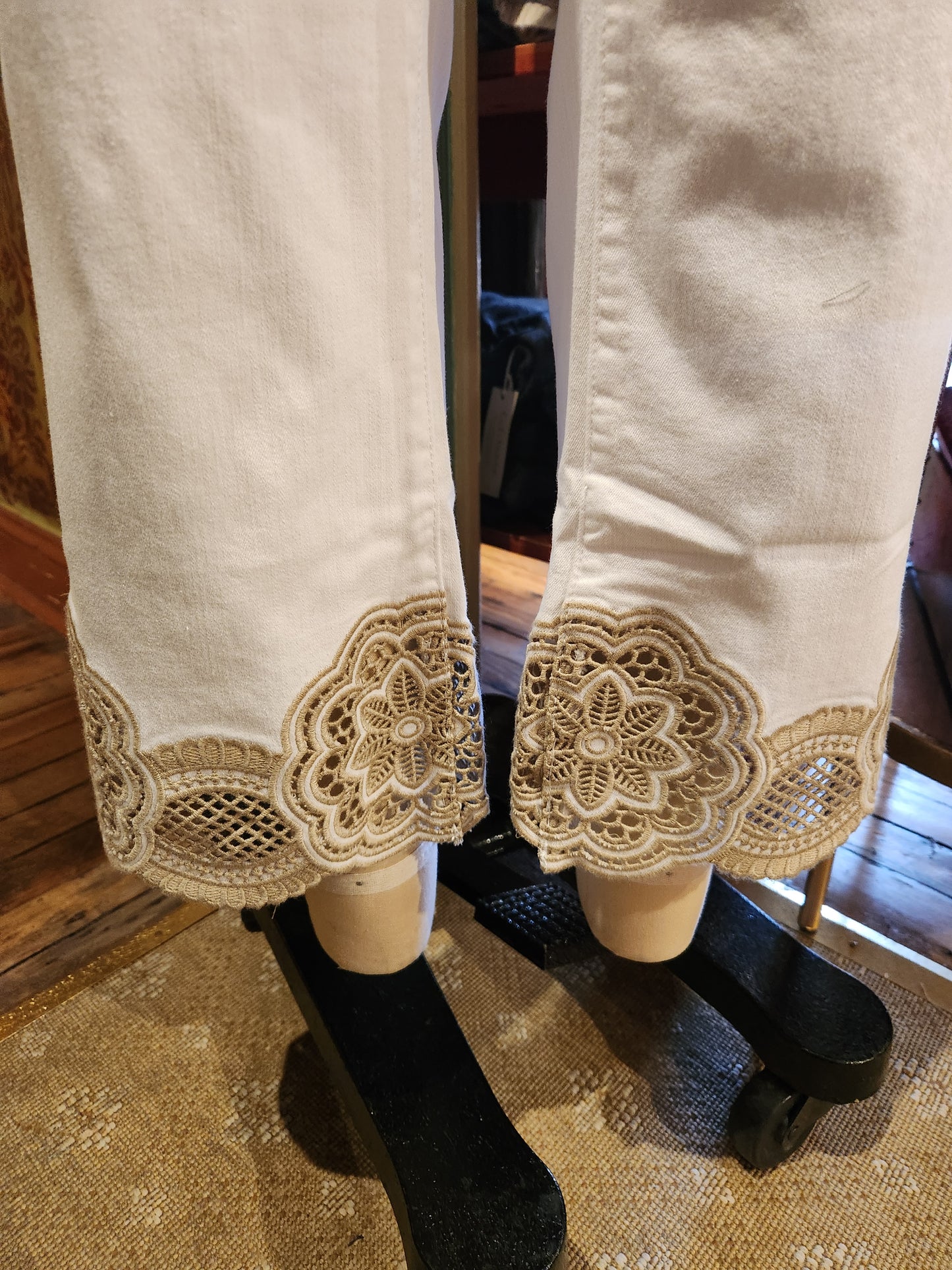 Denim Flare Pants with Lace at Hem