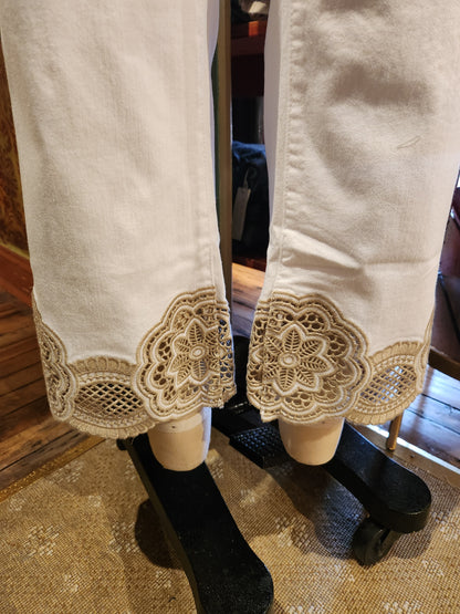 Denim Flare Pants with Lace at Hem