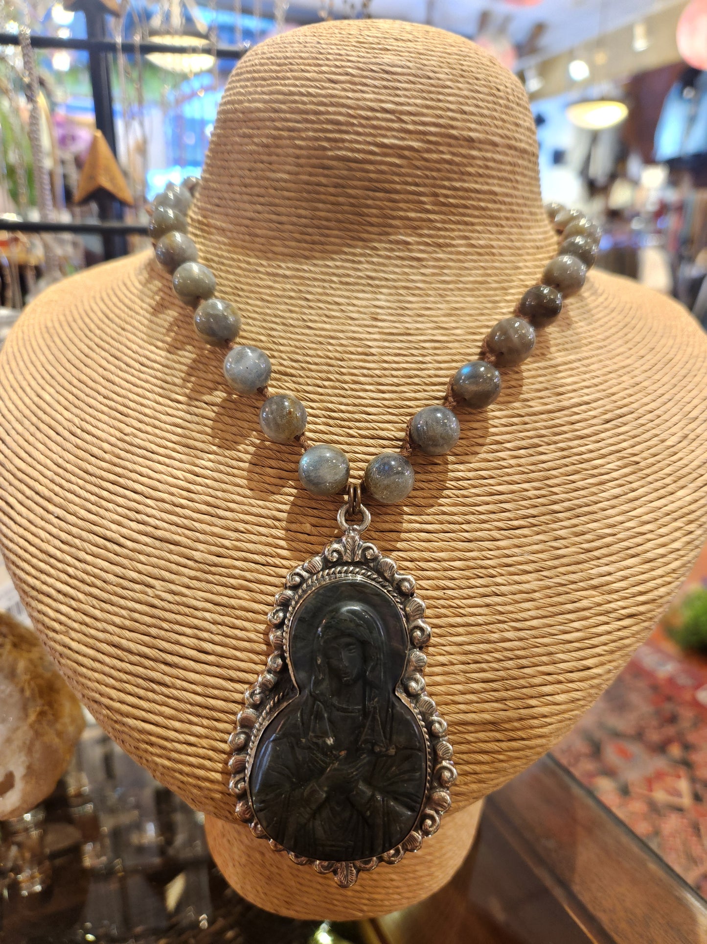 Mother Mary Carved Labradorite Pendant with Labradorite Beaded Necklace
