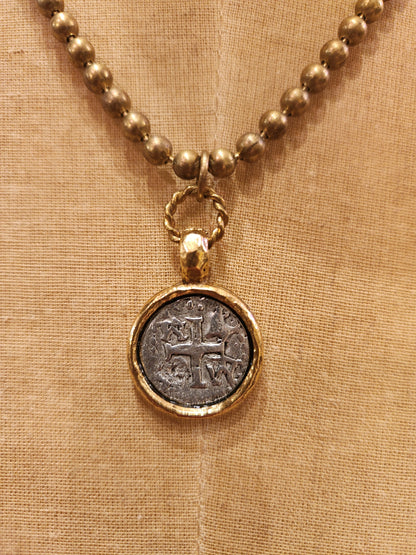 Mixed Metal Medallion Plated Necklace Vintage Reproduction - Silver with Gold Edge