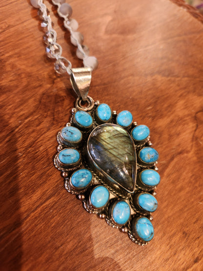 Labradorite and Turquoise Pendant with Mixed Beaded Necklace