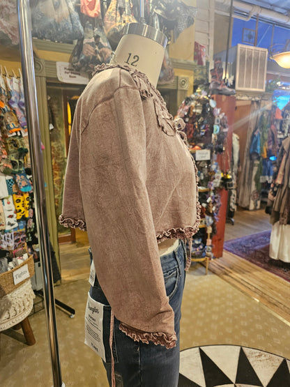 Short Jacket w/ Small Ruching & Hand Made Fabric Flowers - Brown