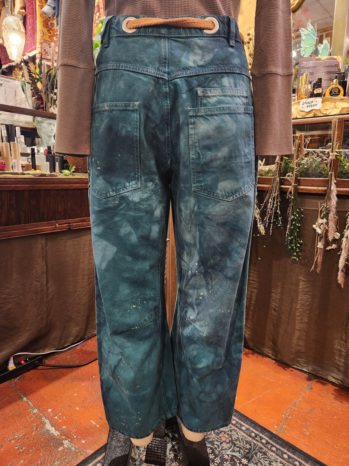 Hand Dyed Moxie Low Slung Drawstring Jeans - Teal