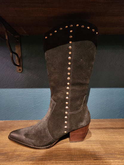 Yoli Mid Calf Western Boot - Black Suede