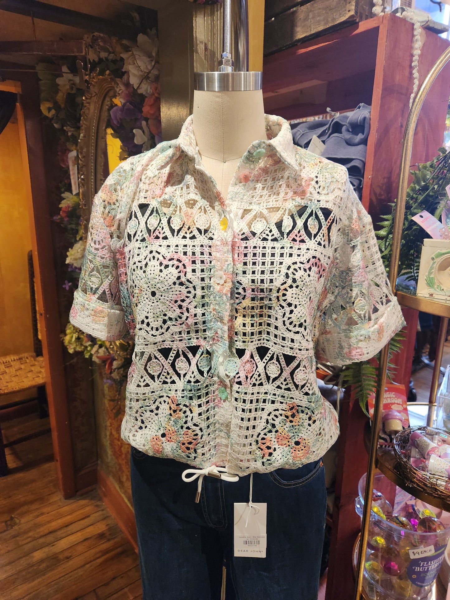 Printed Lace Top with Drawstring Hem