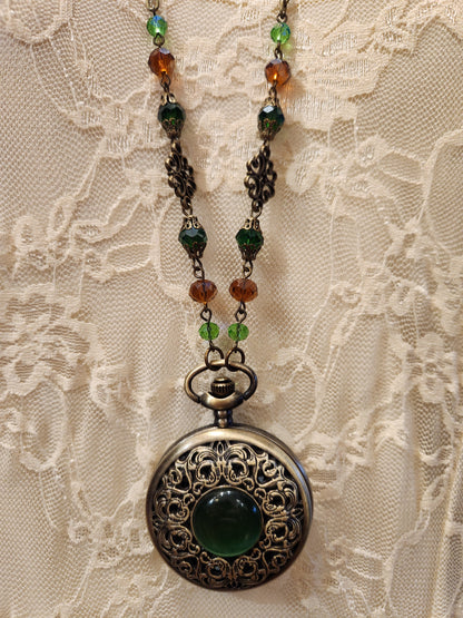 Victorian Style Pocket Watch Necklace | Green Gem Locket