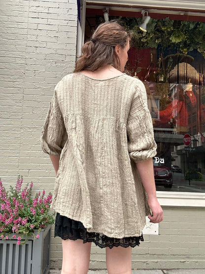 A-Line Stripes Top with Gathers 3/4 Sleeves - Natural