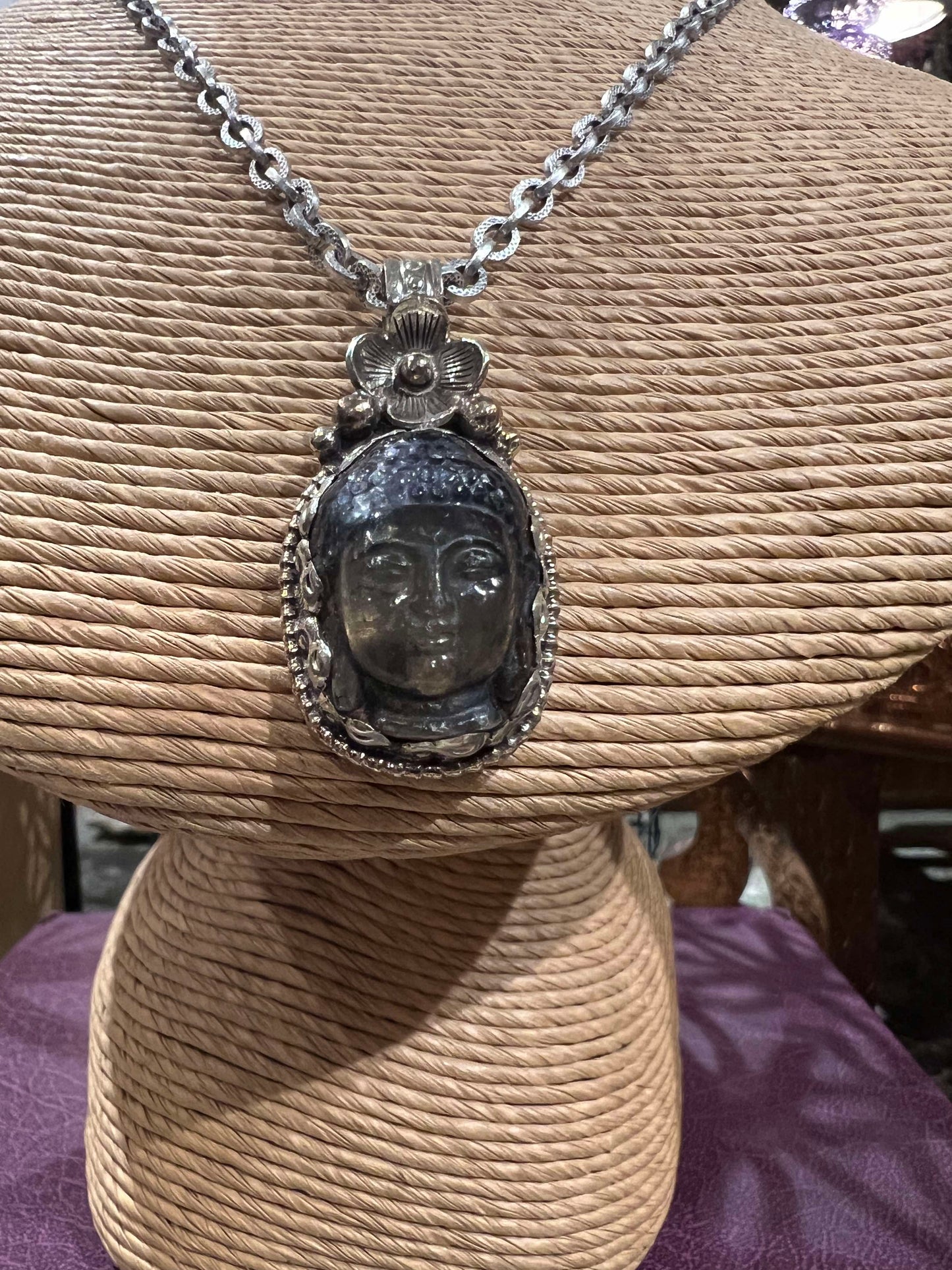 Tibetan Silver and Labradorite Buddha Necklace