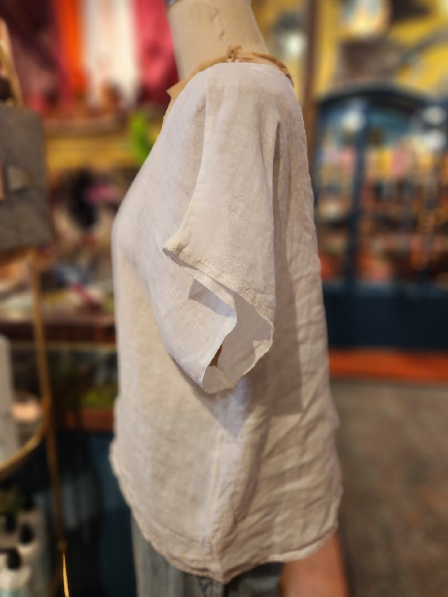 Wide Neck Frayed Linen Top
