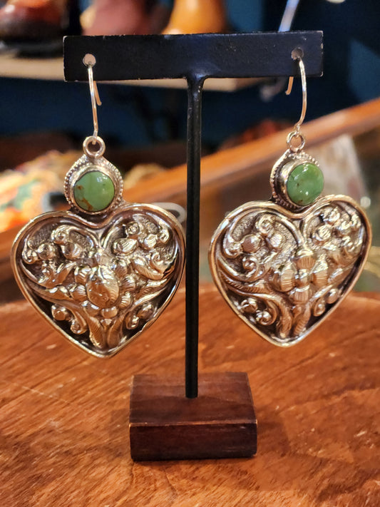 Ornate Metal Heart with Turquoise Earrings - Multiple Styles