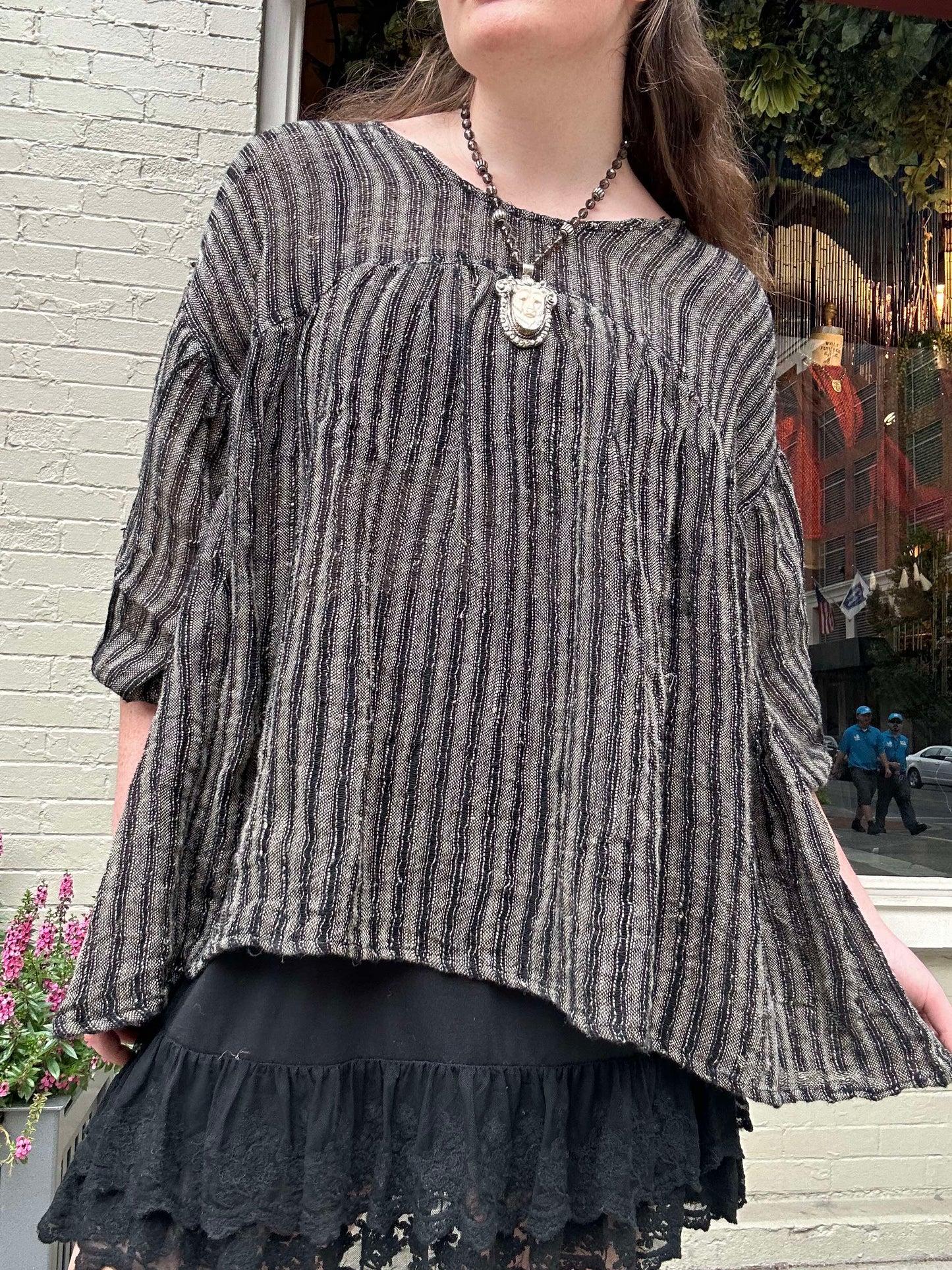 A-Line Stripes Top with Gathers 3/4 Sleeves - Black