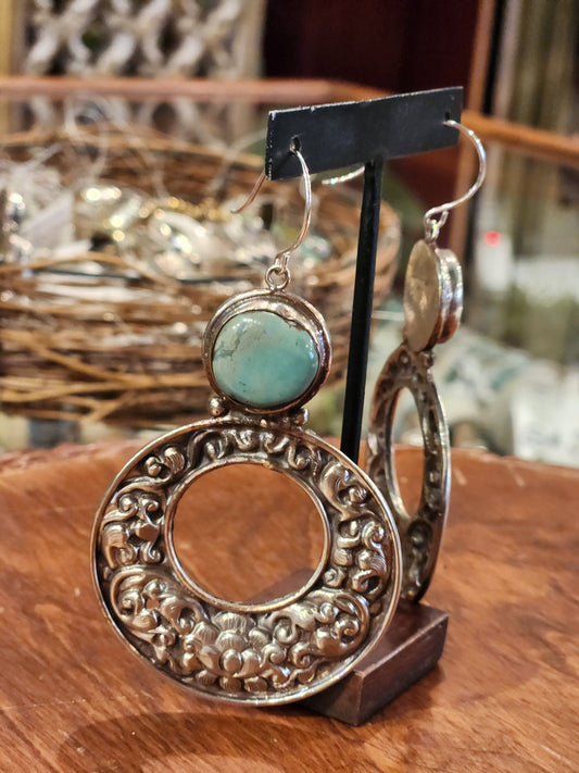 Ornate Metal Hoops with Turquoise Earrings - Multiple Styles