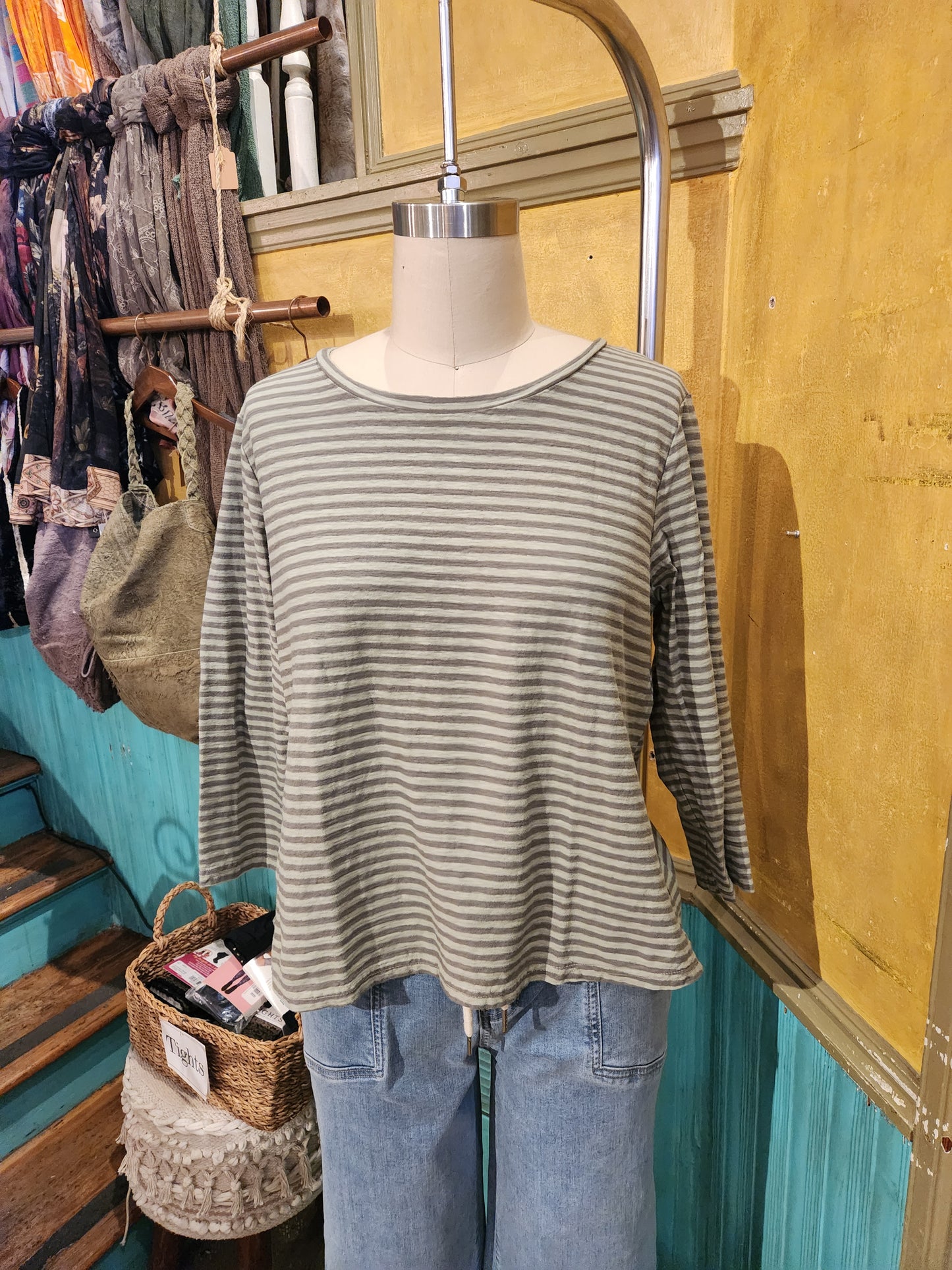 High low long sleeve striped top-balsam green