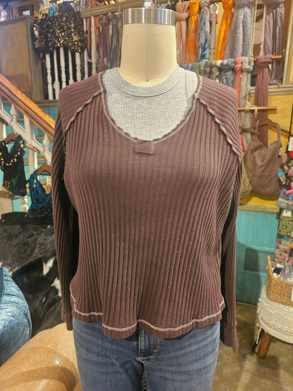 Homebody V-Neck Rib Long Sleeve - Dark Mocha