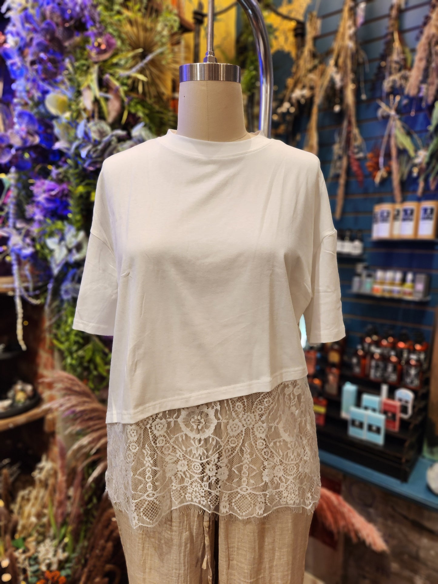 Lace Trim Relaxed Fit Crew Neck Top