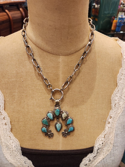 OOAK Vintage Sterling Plated Chain with Turquoise Squash Blossom