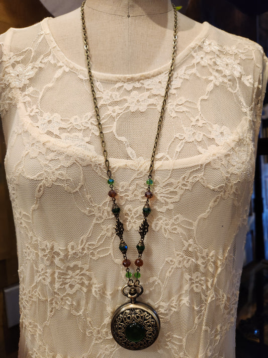 Victorian Style Pocket Watch Necklace | Green Gem Locket