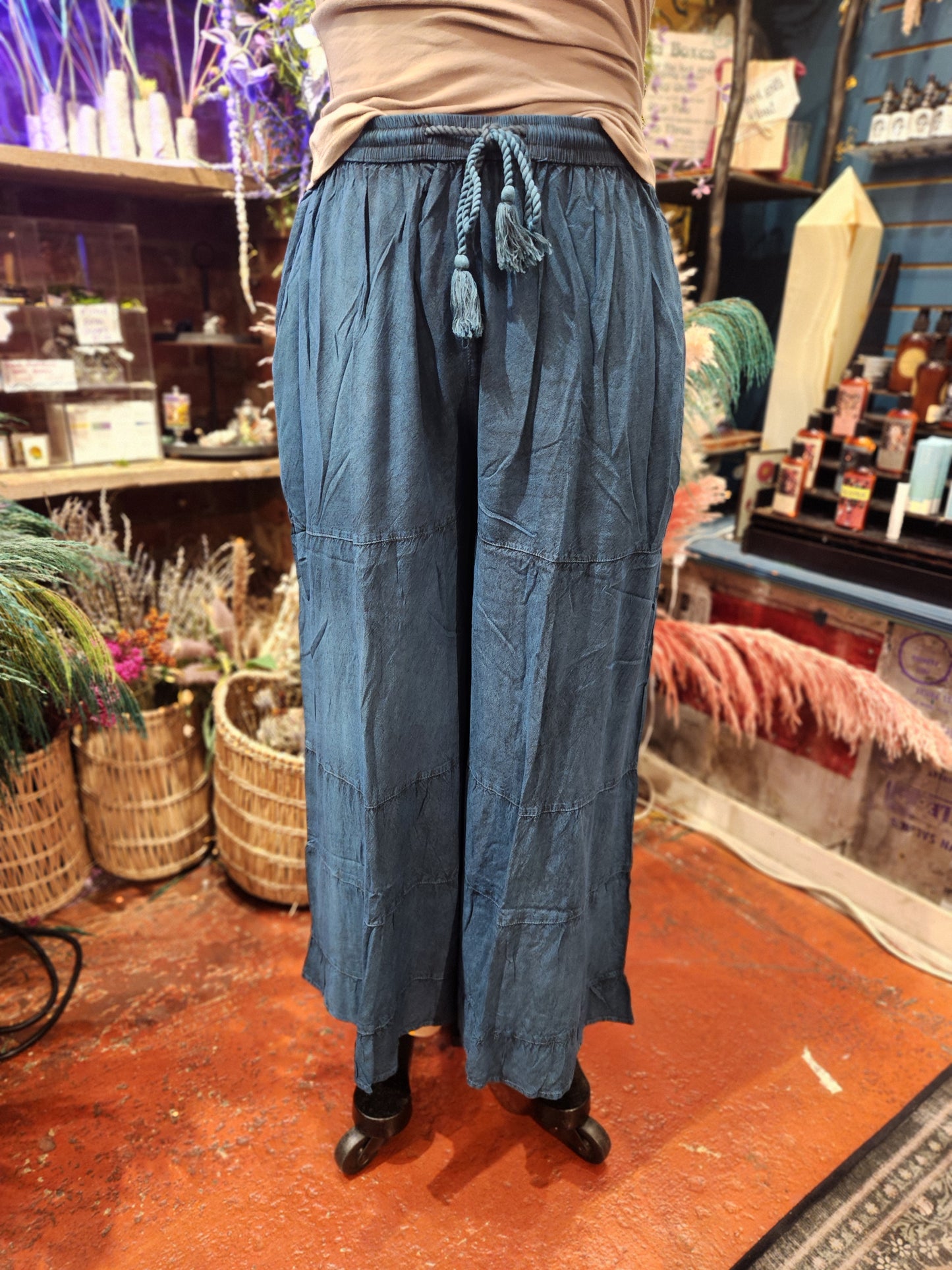 Ruffle bottom Stone Wash Pant  - Free Size ( multiple colors available )