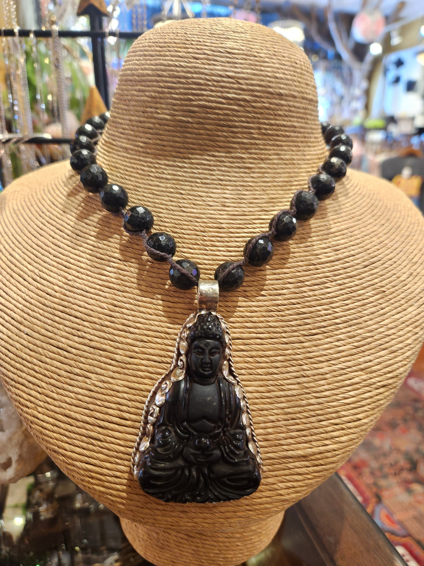 Carved Jet Buddha Pendant with Onyx Beaded Necklace
