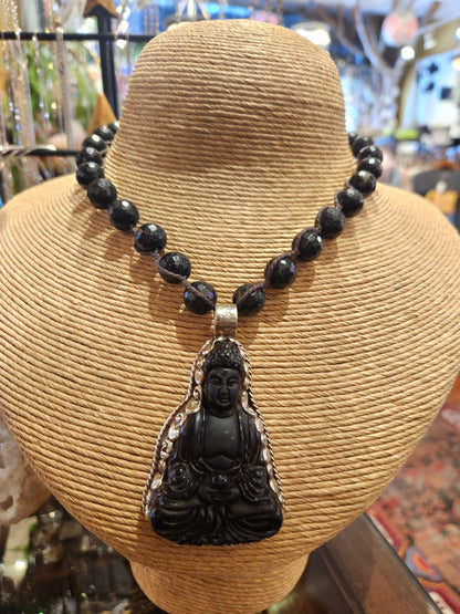 Carved Jet Buddha Pendant with Onyx Beaded Necklace