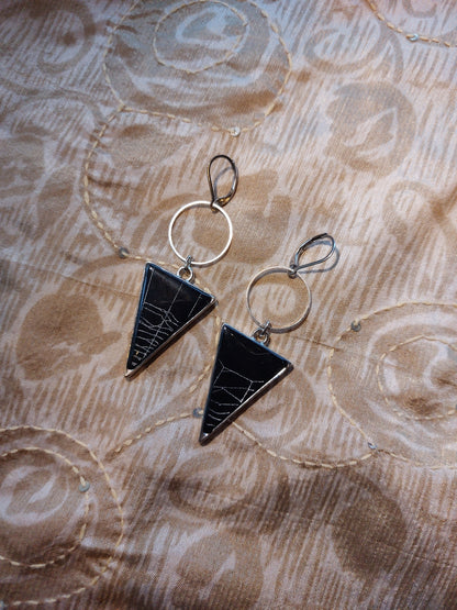 Real Spiderweb Silver tone Triangle Earrings - A