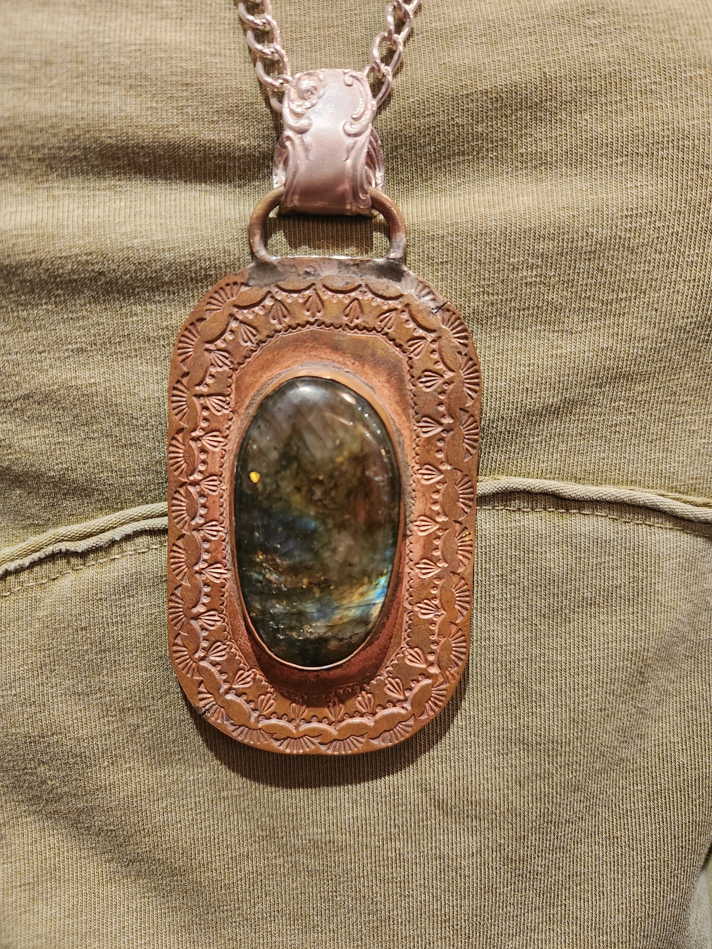 Stamped Vintage Metal & Labradorite Statement Pendant