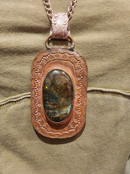 Stamped Vintage Metal & Labradorite Statement Pendant