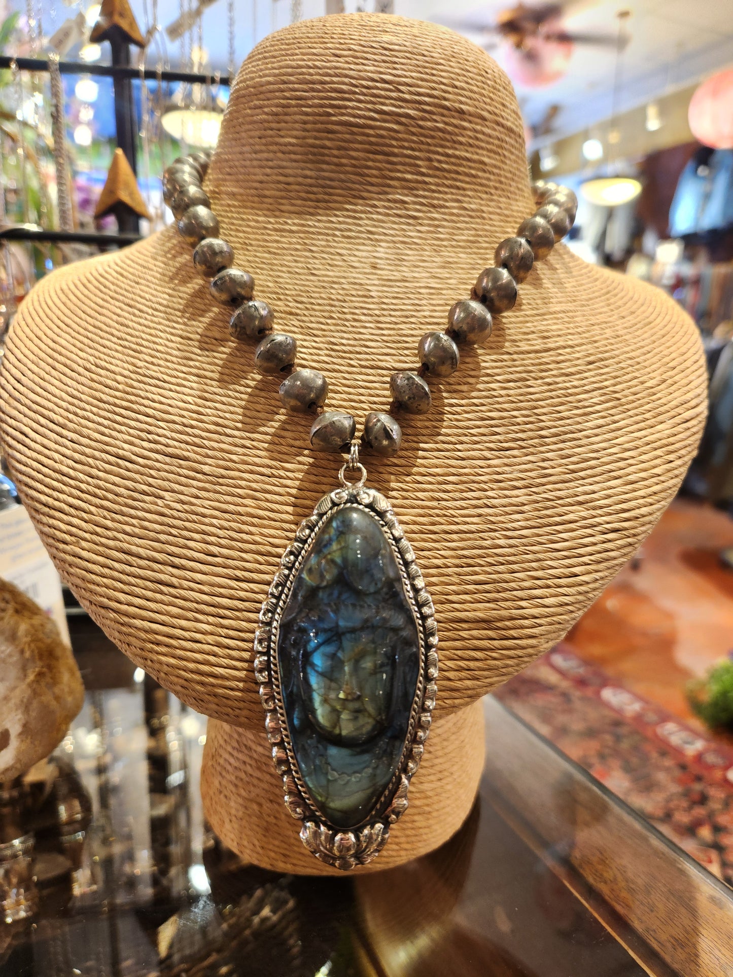 Buddha Carved Labradorite Pendant with Metal Beaded Necklace