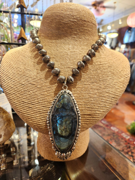 Buddha Carved Labradorite Pendant with Metal Beaded Necklace