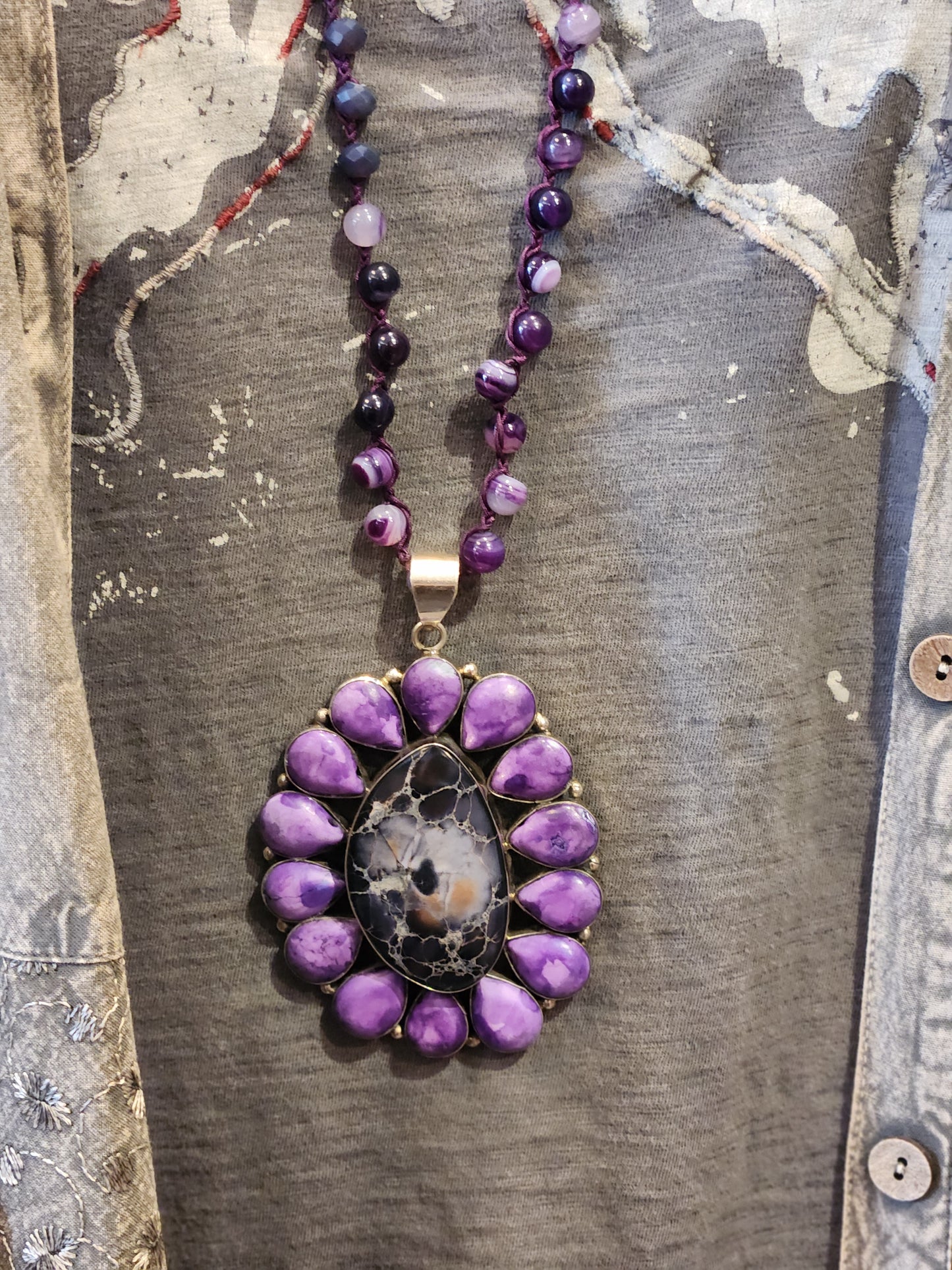 Sugilite and Jasper Statement Pendant with Agate Beaded Necklace
