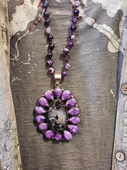 Sugilite and Jasper Statement Pendant with Agate Beaded Necklace