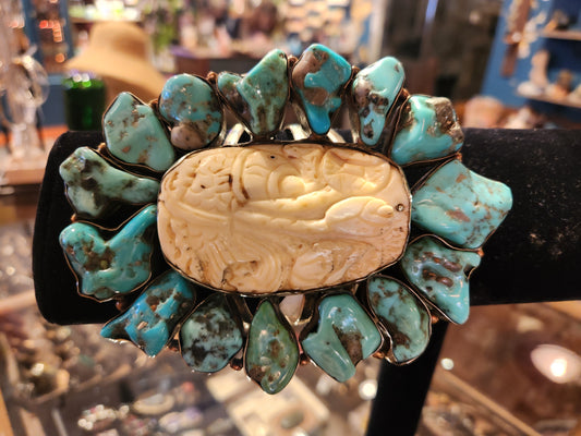 Carved Bone Fish Floral Cuff with Natural Turquoise Frame