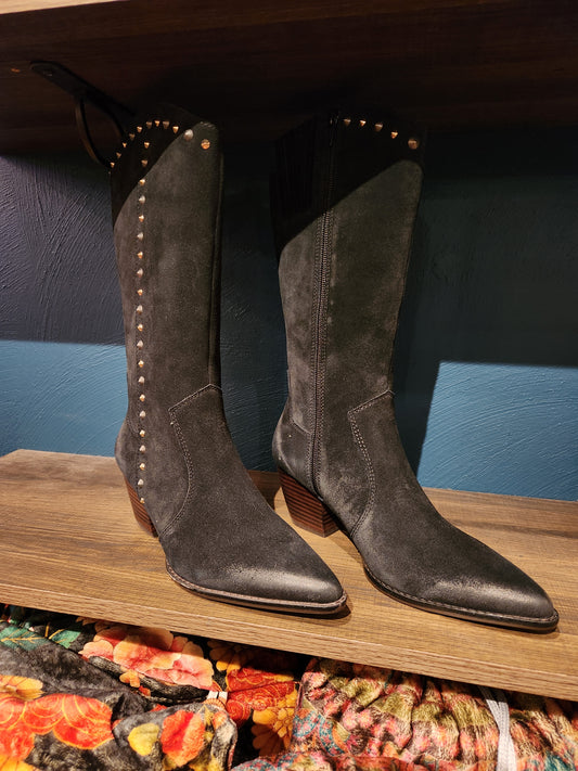 Yoli Mid Calf Western Boot - Black Suede