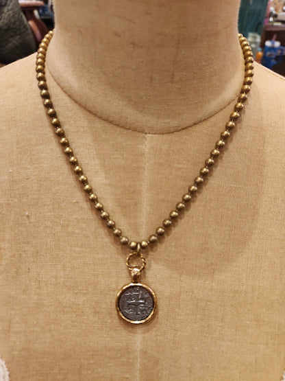 Mixed Metal Medallion Plated Necklace Vintage Reproduction - Silver with Gold Edge