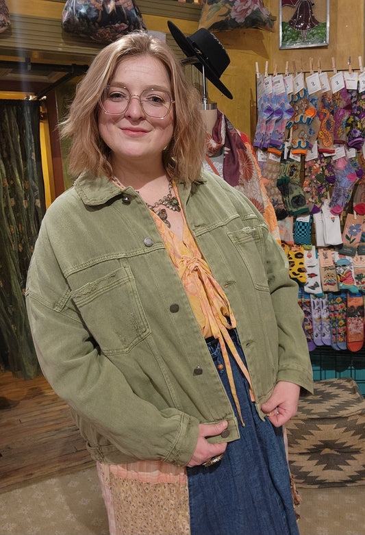 Curve Pleated Back Denim Jacket - Olive