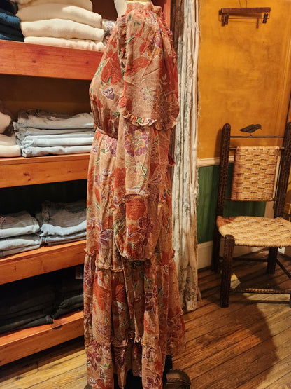 Chiffon Floral Tie Front Midi Dress - Dusty Pink