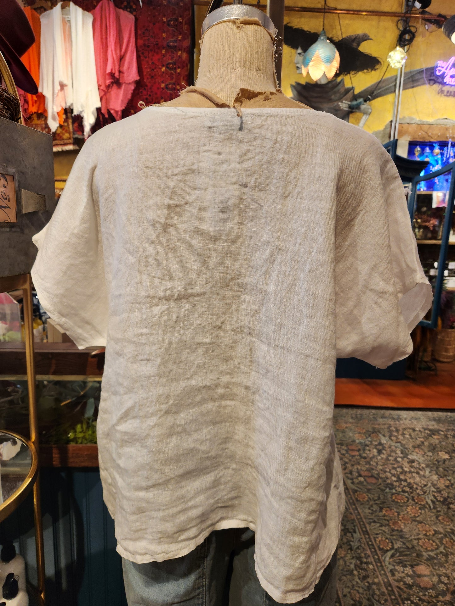 Wide Neck Frayed Linen Top