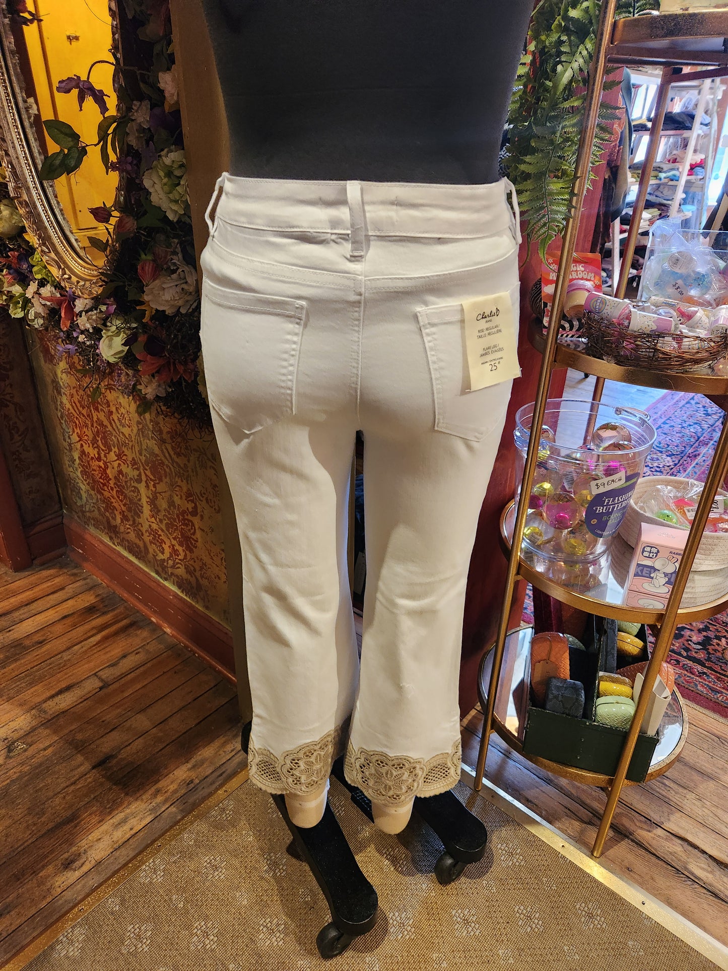 Denim Flare Pants with Lace at Hem