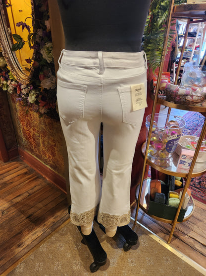 Denim Flare Pants with Lace at Hem