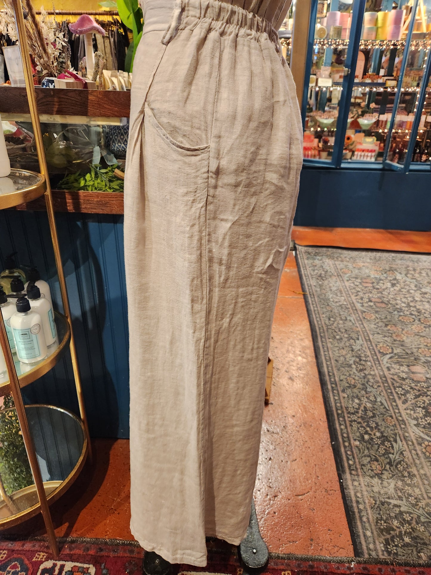 Linen, Elastic Waist  Pants - Sand